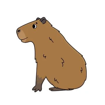 Vector cute cartoon outline Capybara smiles and sits on the ground. Doodle is Stock Illustration
