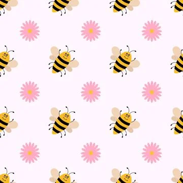 Vector cute cartoon seamless pattern with bees and pink flowers Stock Illustration