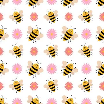 Vector cute cartoon seamless pattern with bees and flowers. Illustrazione stock