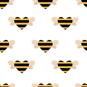 Vector cute cartoon seamless pattern with stripes bee heart on wings Stock Illustration