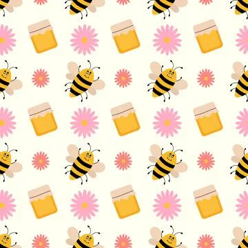 Vector cute cartoon seamless pattern with bee, honey jar and flowers. Stock Illustration