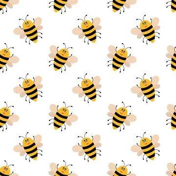 Vector cute cartoon smiling bee seamless pattern. Stock Illustration