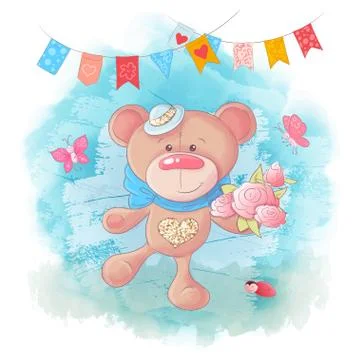Vector Cute cartoon Teddy bear on blue background Stock Illustration
