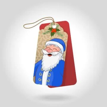Vector cute Christmas gift tags with funny squinted Ded Moroz in a blue coat and Stock Illustration