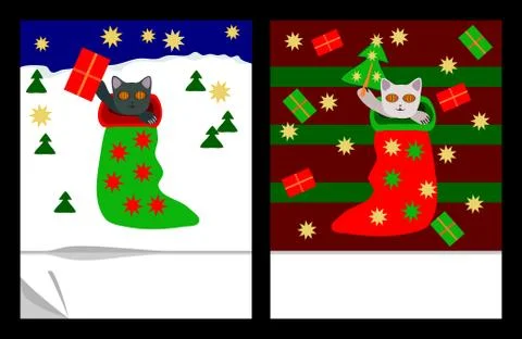 Vector - Cute christmas kittens in socks with gifts, stars and trees Stock Illustration