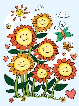 Vector cute colourful happy sun flowers portrait with hearts and butterflie.. Stock Illustration