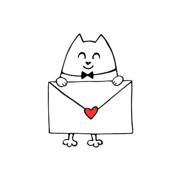 Vector cute contour cat with love letter. Hand drawn doodle. Simple design el Stock Illustration