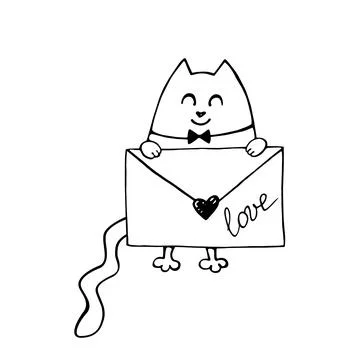 Vector cute contour cat with love letter. Hand drawn doodle. Simple design el Stock Illustration
