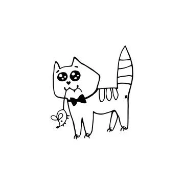 Vector cute contour cat with a mouse in its teeth. Hand drawn doodle. Symbol  Stock Illustration