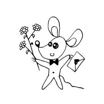Vector cute contour little mouse with love letter and bouquet of flowers. Han Stock Illustration