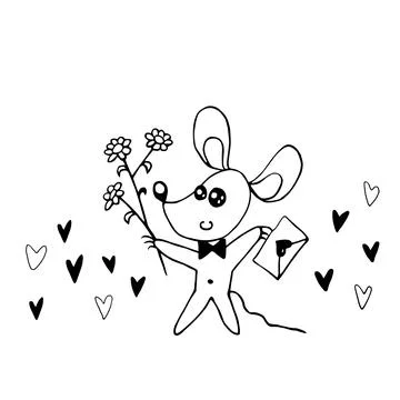 Vector cute contour little mouse with love letter and bouquet of flowers. Han Stock Illustration