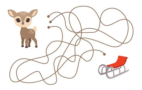 Vector cute deer and sled in children's style. Labyrinth. Illustrazione stock