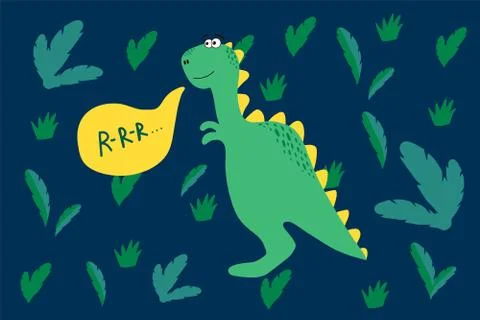 Vector cute Dinosaur in the forest. Illustration of a Dinosaur in a green Stock Illustration