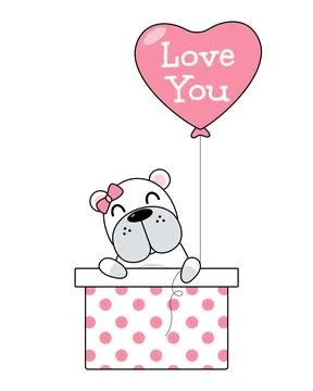 Vector of cute dog in gift box with heart balloon. Valentine's concept. Stock Illustration