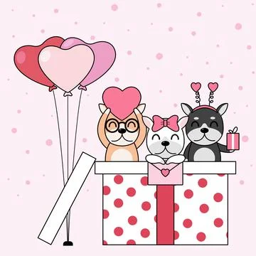 Vector of cute dogs with gift box, card and the heart balloons. Stock Illustration