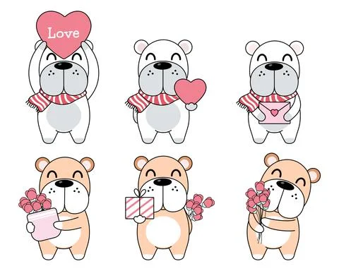 Vector of cute dogs set with gift box, card, heart and rose. Valentine's conc Stock Illustration