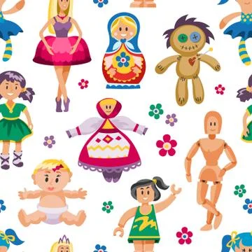 Vector cute doll toys set childhood baby dress face child illustration of Stock Illustration