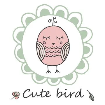 Vector cute doodle with bird, frame on white background. Stock Illustration