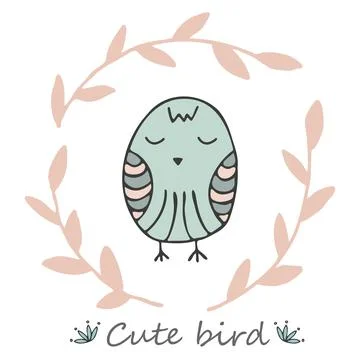 Vector cute doodle with bird, frame on white background. Stock Illustration