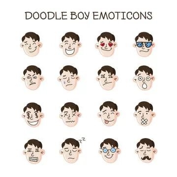 Vector cute doodle heads set. Boy emoticons collection. Emoji icons Stock Illustration