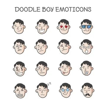 Vector cute doodle heads set. Boy emoticons collection. Emoji icons Stock Illustration
