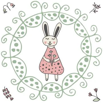 Vector cute doodle with rabbit, frame on white background. Stock Illustration