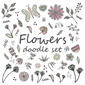 Vector cute doodle set with flowers, branches on white background. Stock Illustration