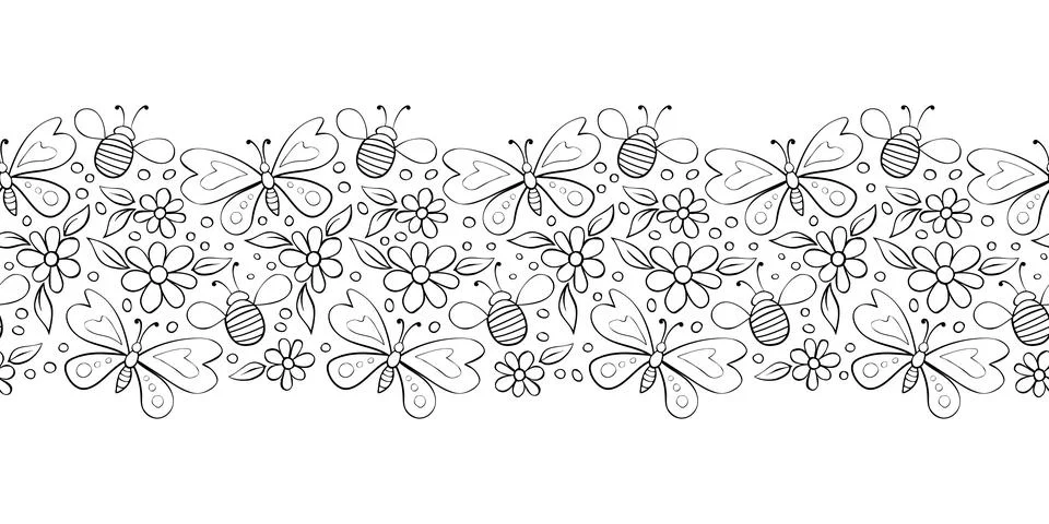 Vector cute edging, ribbon, border from butterflies, honey bees and flowers i 库存插图