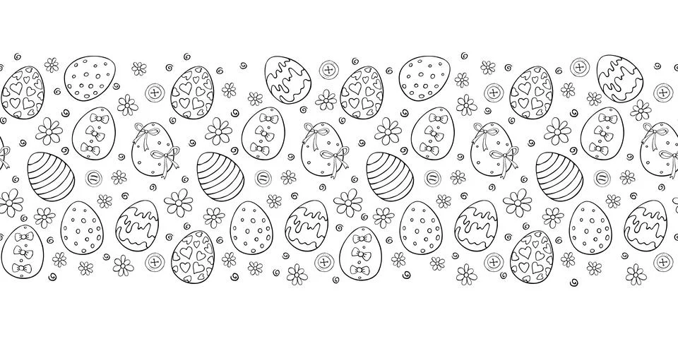 Vector cute edging, ribbon, border from outline Easter eggs, flowers in doodl Stock Illustration