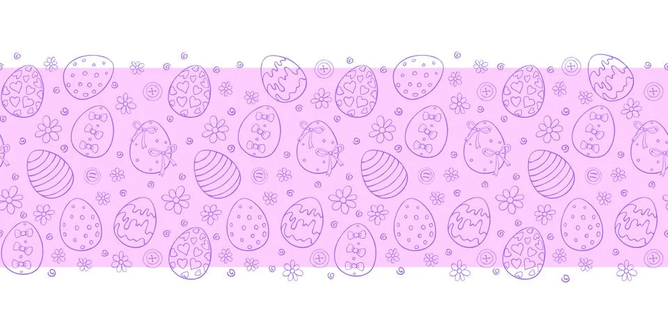 Vector cute edging, ribbon, border from outline Easter eggs, flowers in doodl 스톡 일러스트
