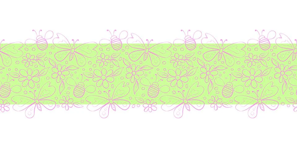 Vector cute edging, ribbon, border from butterflies, honey bees and flowers i イラスト素材