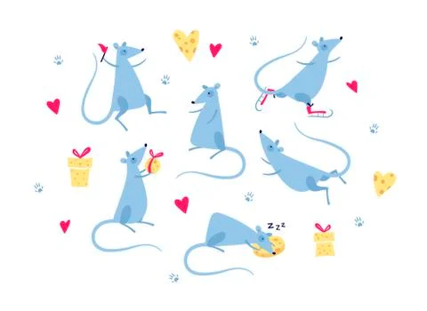 Vector cute flat mouse character illustration set. Christmas and New Year Stock Illustration