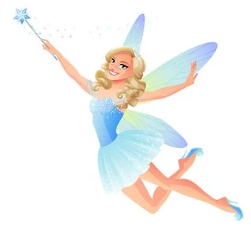 Vector cute flying blue tooth fairy with magic wand. Stock Illustration