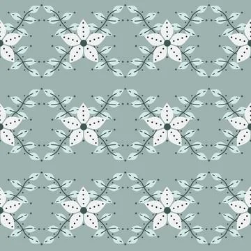 Vector Cute Folklore art inspired Festive Florals on Gray Green seamless pattern Stock Illustration