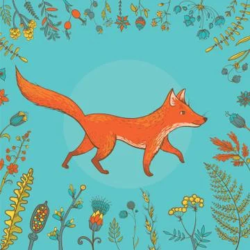Vector cute fox surrounded by flowers Stock Illustration