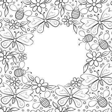 Vector cute frame, border from contoured butterflies, honey bees and flowers  イラスト素材