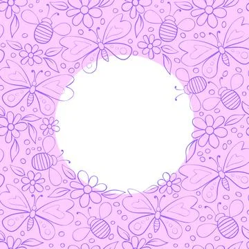 Vector cute frame, border from contoured butterflies, honey bees and flowers  库存插图