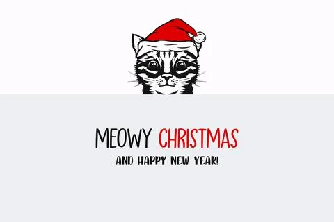 Vector Cute Funny Hiding Peeping Kitten, Cat, Kitty with Santa Hat, Line Art Stock Illustration