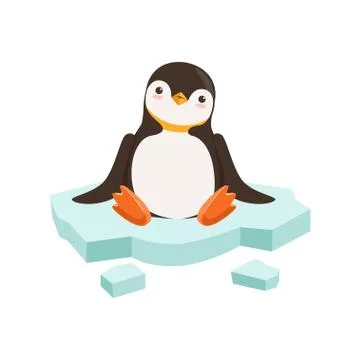 Vector Cute Funny Penguin Character Is Sitting On A Block Of Ice With White Stock Illustration
