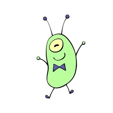 Vector cute green funny alien, cartoon beetle in doodle flat style. Design .. Stock Illustration