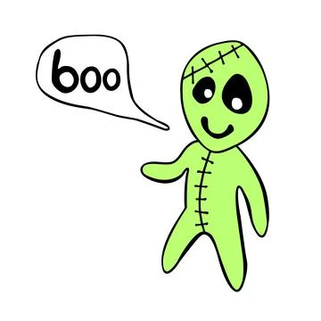Vector cute green zombie in cartoon flat doodle style. Vector green icon, cli Stock Illustration