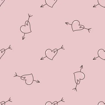 Vector cute hand drawn seamless pattern with pink hearts and arrows Stock Illustration