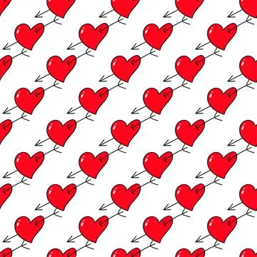 Vector cute hand drawn seamless pattern with red hearts and arrows 스톡 일러스트