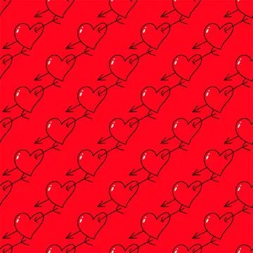 Vector cute hand drawn seamless pattern with red hearts and arrows Stock Illustration