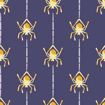 Vector Cute Hanging Spiders on Purple seamless pattern background. Perfect for Stock Illustration