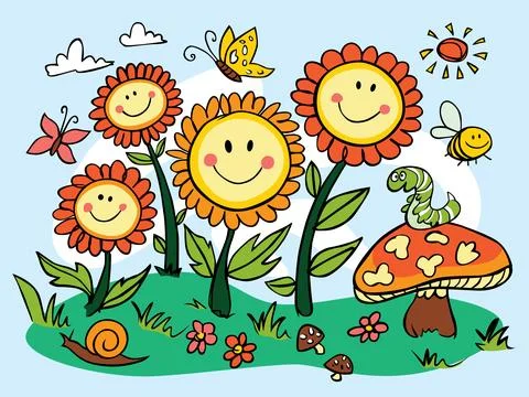 Vector cute happy cheeky smiley flowers horizontal with mushroom illustrati.. Stock Illustration