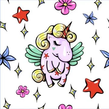 Vector cute illustration with pegasus shy baby unicorn with wings seamless Stock Illustration