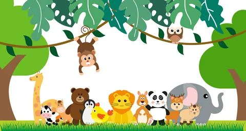 Vector Cute Jungle Animals in Cartoon Style, wild Animal, Zoo Designs for Bac イラスト素材