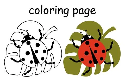 Vector Cute ladybug sitting on a leaf Cartoon style illustration for colori.. Stock Illustration