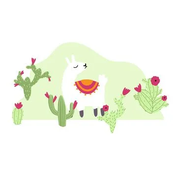 Vector cute lama with cactus in cartoon hand drawn childish style. Funny animal Stock Illustration